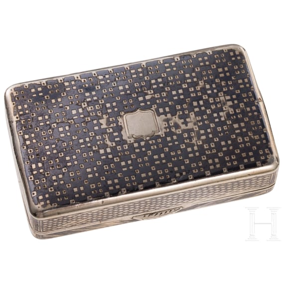 A silver and niello snuff box with view of St. Petersburg, Russia, Moscow, 1865