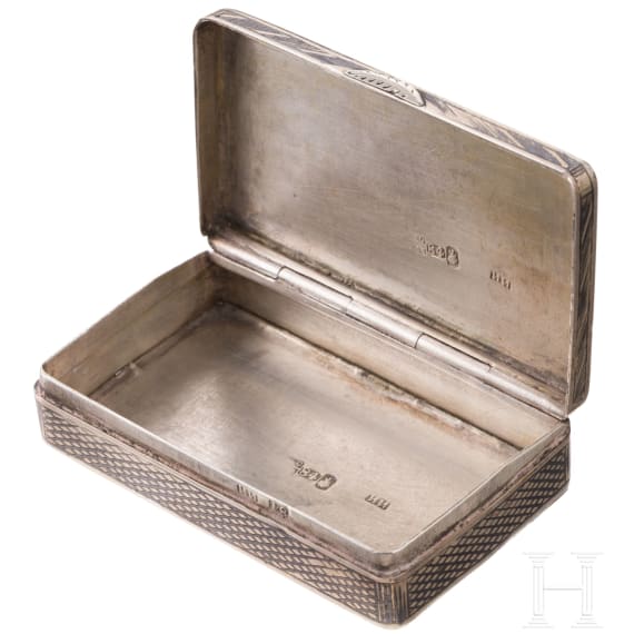 A silver and niello snuff box with view of St. Petersburg, Russia, Moscow, 1865