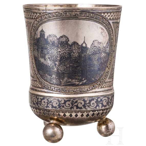 A silver and niello three-footed beaker, Russia, Moscow, Antip Kuzmichev, 1877