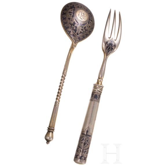 A silver-gilt and niello fork and spoon, Russia, Moscow, Ivan Khlebnikov, 1888