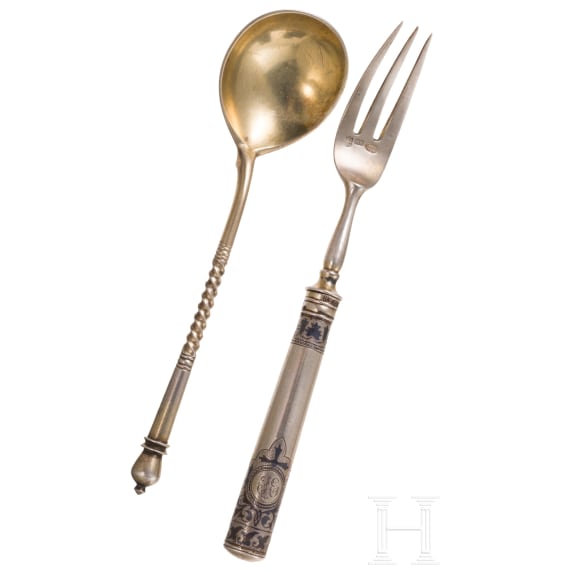 A silver-gilt and niello fork and spoon, Russia, Moscow, Ivan Khlebnikov, 1888
