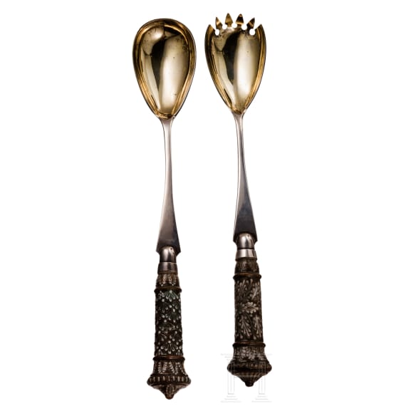 A pair of silver salad servers with stoneware handle, Russia, St. Petersburg, 1885