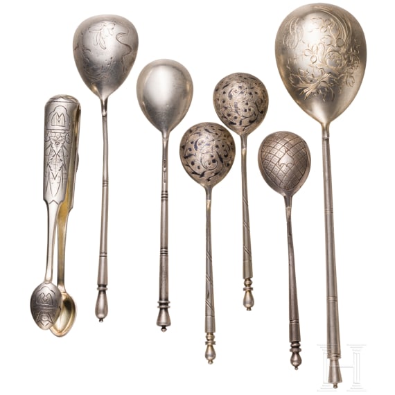A silver sugar tongs and six spoons, Russia, 1865-1908
