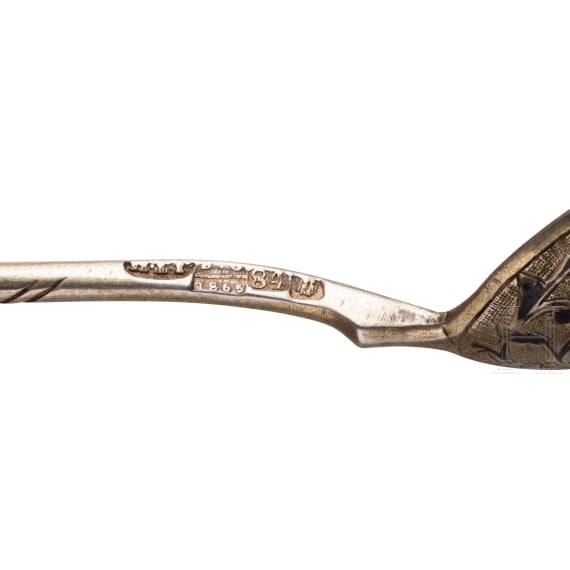 A silver sugar tongs and six spoons, Russia, 1865-1908