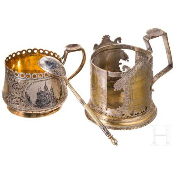A silver and niello tea glass holder and spoon with Kremlin and another plated tea glass holder, Russia, Moscow, 1875/circa 1880/late 19th century