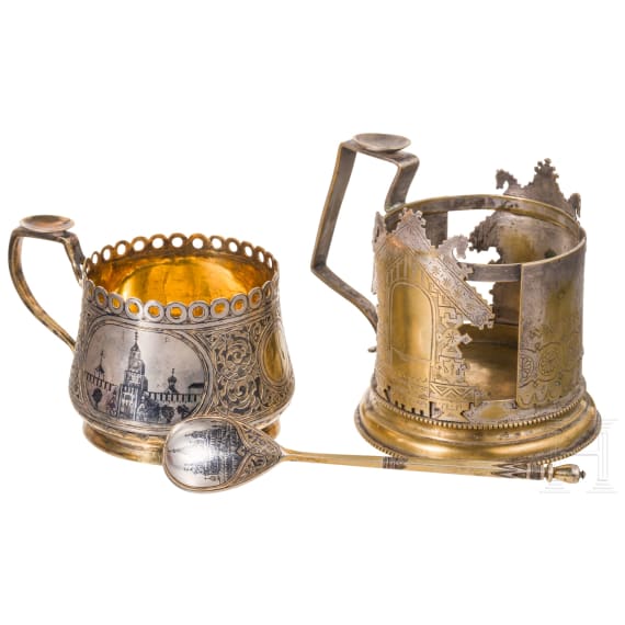 A silver and niello tea glass holder and spoon with Kremlin and another plated tea glass holder, Russia, Moscow, 1875/circa 1880/late 19th century