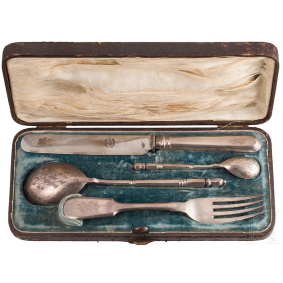 A Russian five piece silver set with case, St. Petersburg, Alexey Nasedkin, 1889
