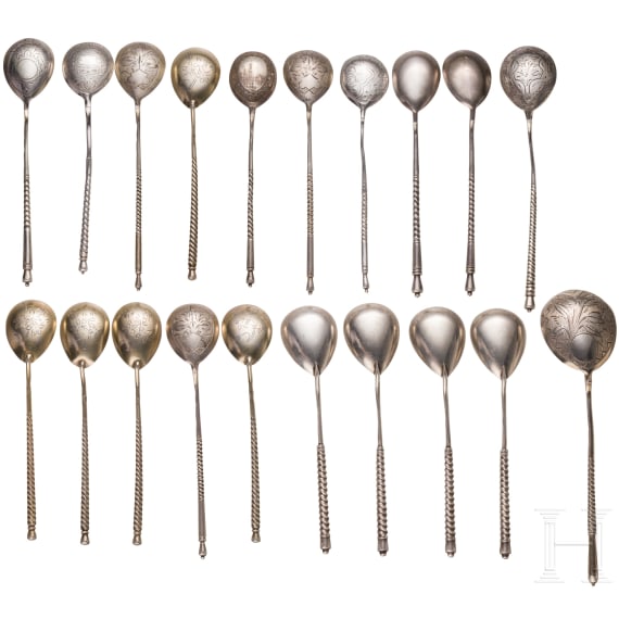 20 Russian silver spoons, Moscow, 1877 - 1895 (14 spoons), Soviet Union, after 1985 (6 spoons)