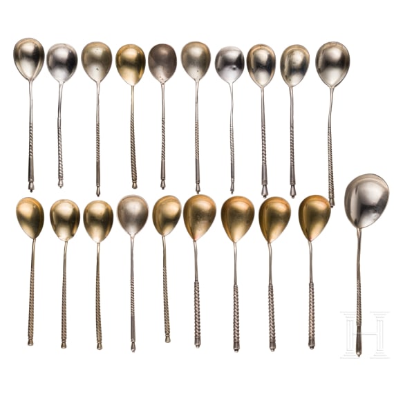 20 Russian silver spoons, Moscow, 1877 - 1895 (14 spoons), Soviet Union, after 1985 (6 spoons)