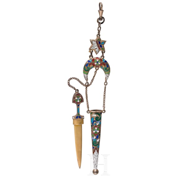 A silver and cloisonne-enamel kindjal-shaped brooch, Russia, St. Petersburg, 1908-1917