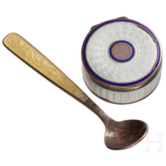 A silver and guilloch&eacute; enamel pill box and a tiny spoon, Denmark (spoon), circa 1920