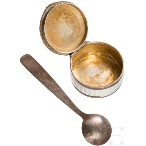 A silver and guilloch&eacute; enamel pill box and a tiny spoon, Denmark (spoon), circa 1920