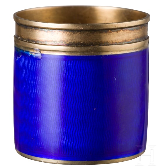 A Russian silver-gilt and guilloch&eacute;-enamel miniature cup (vodka beaker), stamped St. Petersburg, Faberg&eacute;, workmaster Anders Nevalainen, 1908