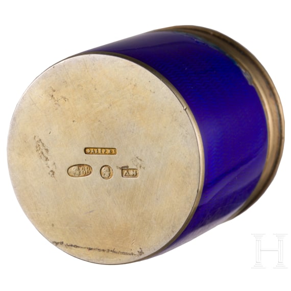 A Russian silver-gilt and guilloch&eacute;-enamel miniature cup (vodka beaker), stamped St. Petersburg, Faberg&eacute;, workmaster Anders Nevalainen, 1908