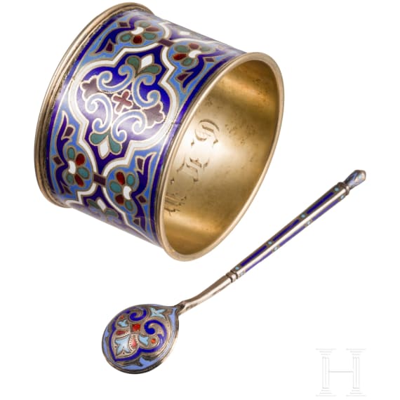 A Champleve enamel napkin ring and spoon, Russia, Moscow, Gustav Klinger/Grachev, circa 1890