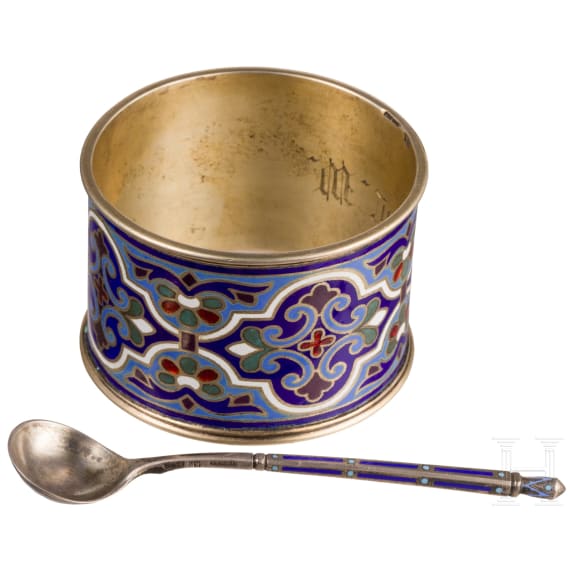 A Champleve enamel napkin ring and spoon, Russia, Moscow, Gustav Klinger/Grachev, circa 1890