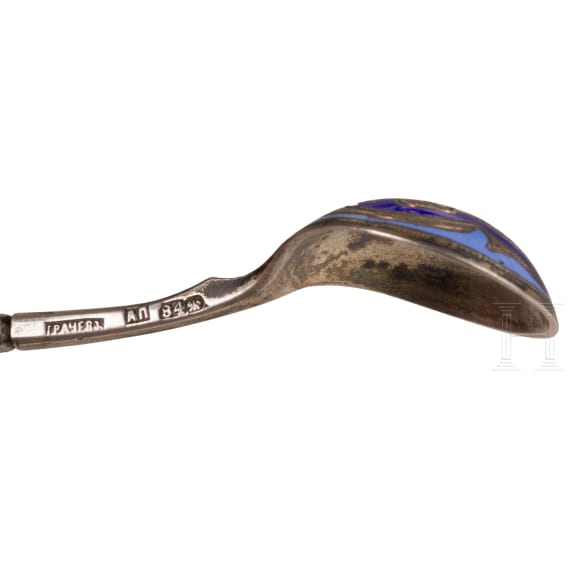 A Champleve enamel napkin ring and spoon, Russia, Moscow, Gustav Klinger/Grachev, circa 1890