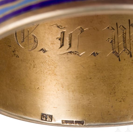 A Champleve enamel napkin ring and spoon, Russia, Moscow, Gustav Klinger/Grachev, circa 1890