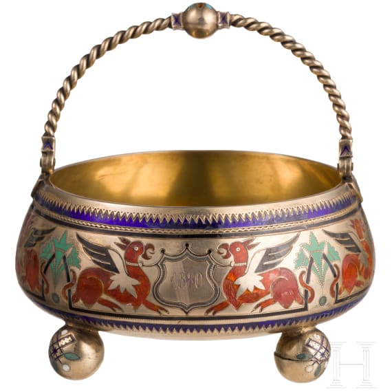A silver-gilt and champlev&eacute; enamel sugar bowl, Russia, St. Petersburg, 1880
