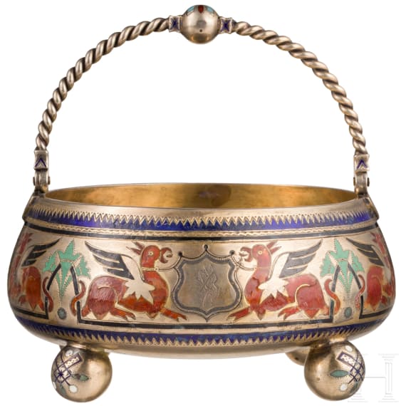 A silver-gilt and champlev&eacute; enamel sugar bowl, Russia, St. Petersburg, 1880