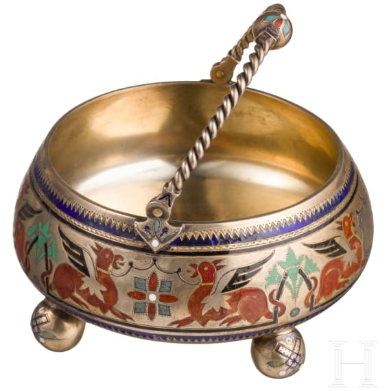 A silver-gilt and champlev&eacute; enamel sugar bowl, Russia, St. Petersburg, 1880
