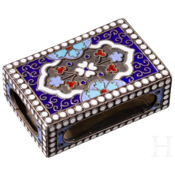 A silver and cloisonne enamel matchbox, Russia, Moscow, Vasili Agafonov, 1896-1908