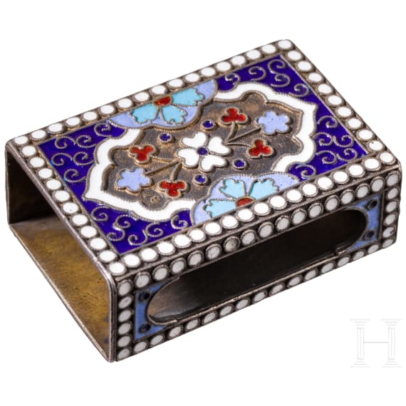 A silver and cloisonne enamel matchbox, Russia, Moscow, Vasili Agafonov, 1896-1908