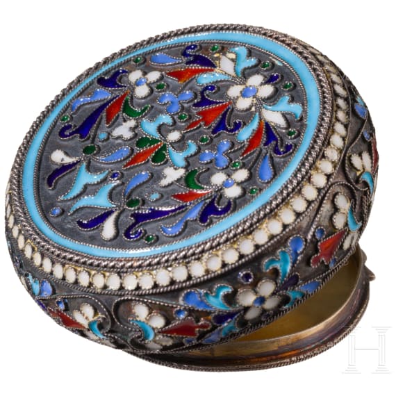 A Russian silver-gilt and cloisonn&eacute;-enamelled pill box, St. Petersburg, Master "Ja.A", 1825