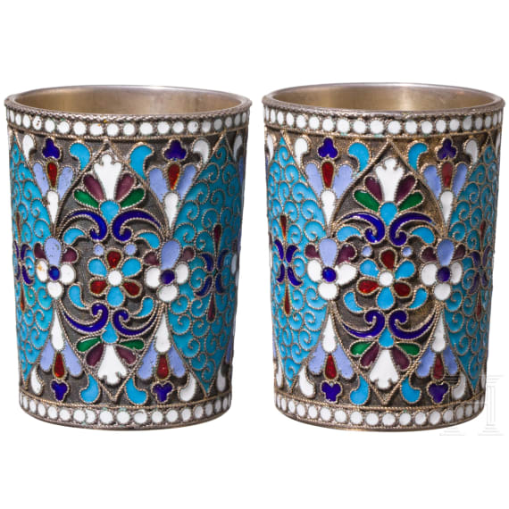 Two silver-gilt and cloisonn&eacute; enamel vodka beaker, Russia, Moscow, D. Nikitin, 1896-1908
