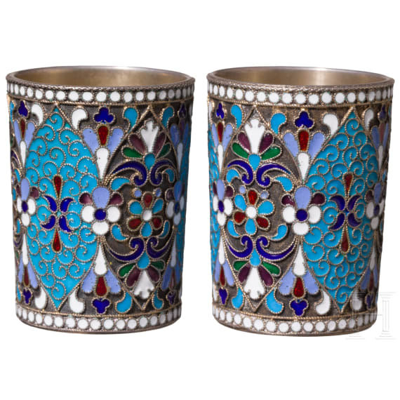 Two silver-gilt and cloisonn&eacute; enamel vodka beaker, Russia, Moscow, D. Nikitin, 1896-1908