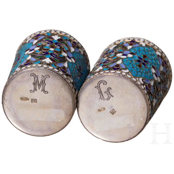 Two silver-gilt and cloisonn&eacute; enamel vodka beaker, Russia, Moscow, D. Nikitin, 1896-1908