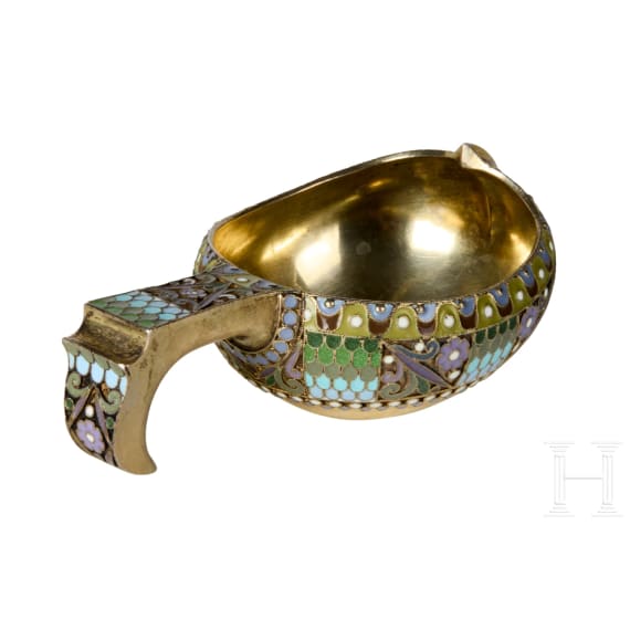 A silver-gilt and cloisonn&eacute; enamel kovsh, Russia, Moscow, Pavel Ovchinnikov, 1908-1916
