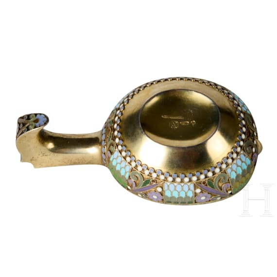 A silver-gilt and cloisonn&eacute; enamel kovsh, Russia, Moscow, Pavel Ovchinnikov, 1908-1916