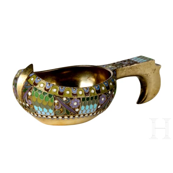 A silver-gilt and cloisonn&eacute; enamel kovsh, Russia, Moscow, Pavel Ovchinnikov, 1908-1916