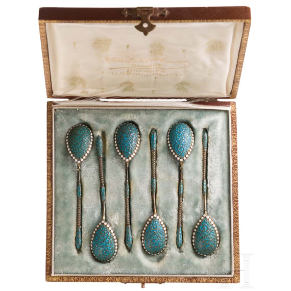Six silver partial-gilt and cloisonn&eacute; enamel spoons, Russia, Moscow, circa 1890