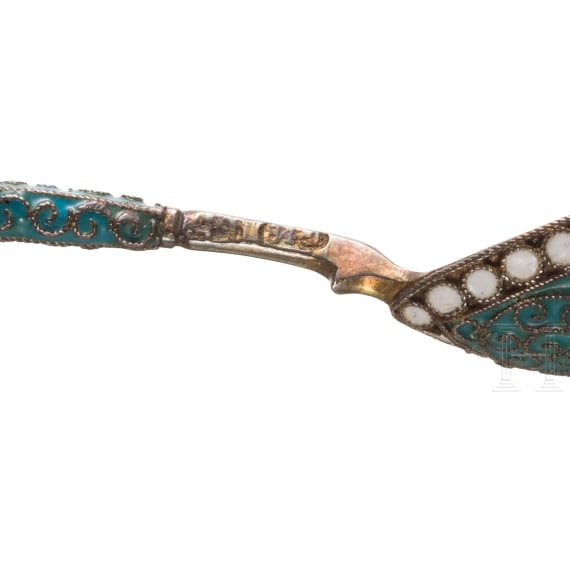 Six silver partial-gilt and cloisonn&eacute; enamel spoons, Russia, Moscow, circa 1890
