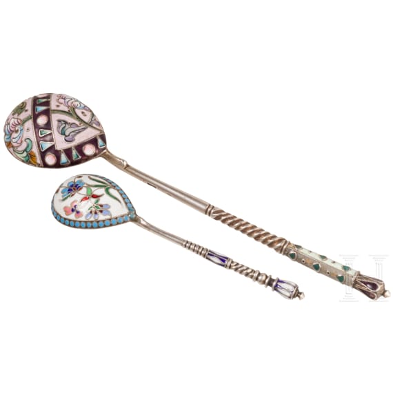Two silver and cloisonn&eacute; enamel spoons, Russia, Moscow, 1896-1908