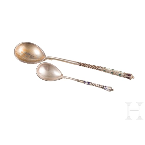 Two silver and cloisonn&eacute; enamel spoons, Russia, Moscow, 1896-1908
