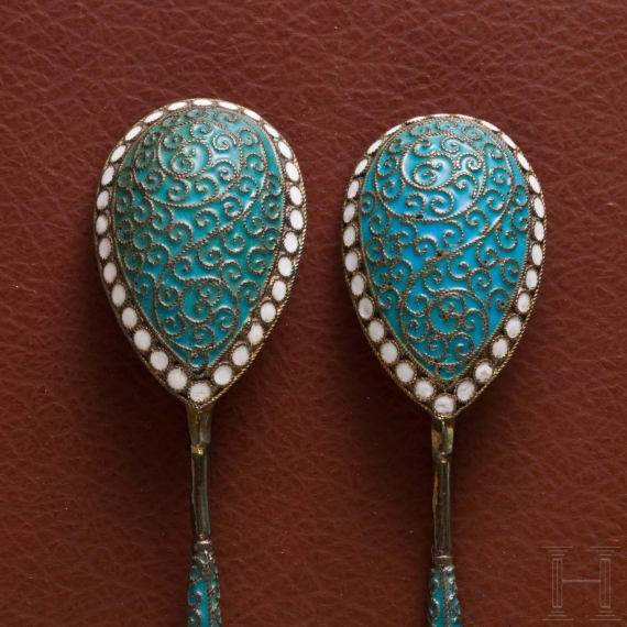 Six silver partial-gilt and cloisonn&eacute; enamel spoons, Russia, Moscow, circa 1890