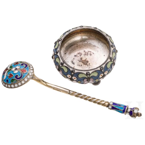 A silver and cloisonn&eacute; enamel salt cellar and a spoon, Russia, Moscow, Pavel Ovchinnikov (salt cellar), 1896 - 1908