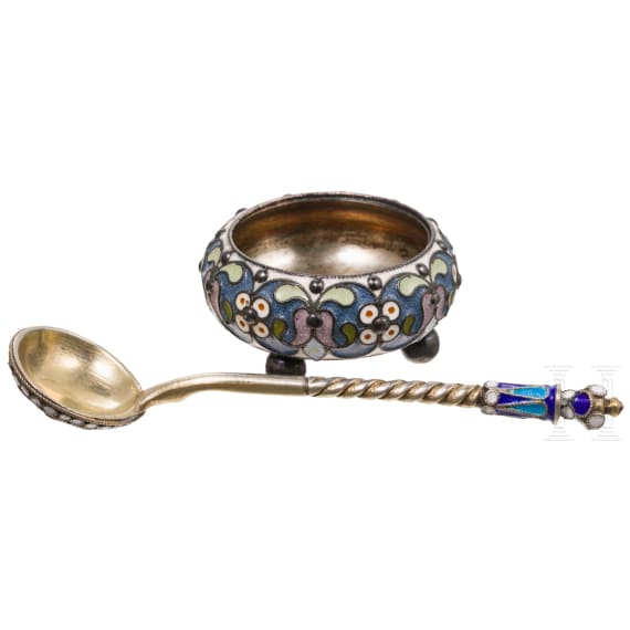 A silver and cloisonn&eacute; enamel salt cellar and a spoon, Russia, Moscow, Pavel Ovchinnikov (salt cellar), 1896 - 1908