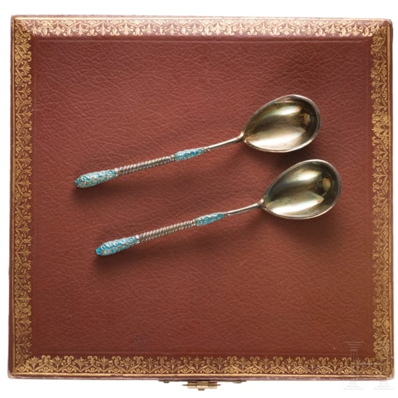 Six silver partial-gilt and cloisonn&eacute; enamel spoons, Russia, Moscow, circa 1890