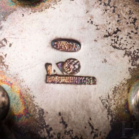 A silver and cloisonn&eacute; enamel salt cellar and a spoon, Russia, Moscow, Pavel Ovchinnikov (salt cellar), 1896 - 1908