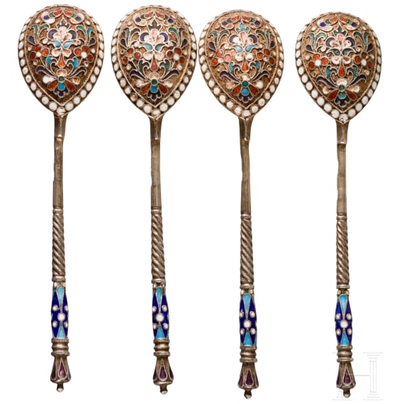 Vier Cloisonn&eacute;-Email Teel&ouml;ffel, Russland, Moskau, Nikolaj N. Swerew, 1898-1908