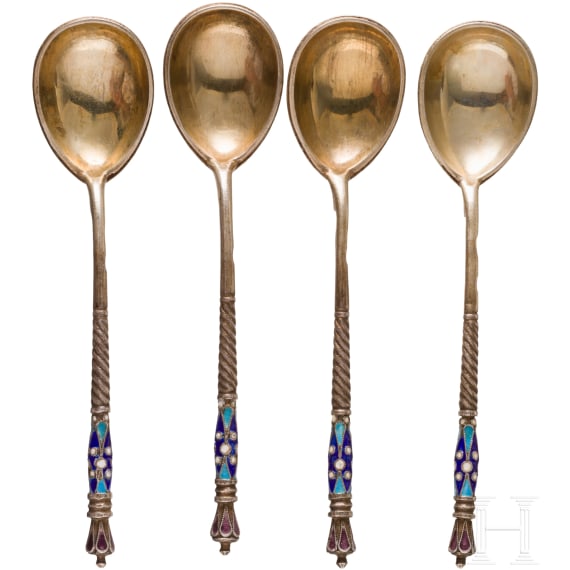 Vier Cloisonn&eacute;-Email Teel&ouml;ffel, Russland, Moskau, Nikolaj N. Swerew, 1898-1908
