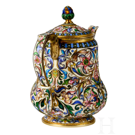 Bedeutendes siebenteiliges Cloisonn&eacute;-Email-Teeservice, Russland, Moskau, Pawel Owtschinnikow, 1896-1908