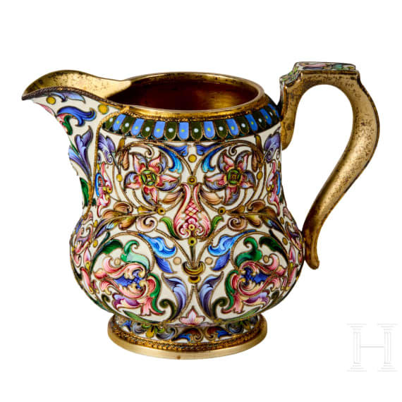 Bedeutendes siebenteiliges Cloisonn&eacute;-Email-Teeservice, Russland, Moskau, Pawel Owtschinnikow, 1896-1908