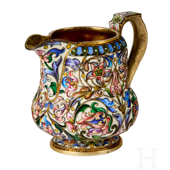 Bedeutendes siebenteiliges Cloisonn&eacute;-Email-Teeservice, Russland, Moskau, Pawel Owtschinnikow, 1896-1908