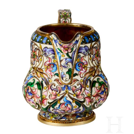 Bedeutendes siebenteiliges Cloisonn&eacute;-Email-Teeservice, Russland, Moskau, Pawel Owtschinnikow, 1896-1908