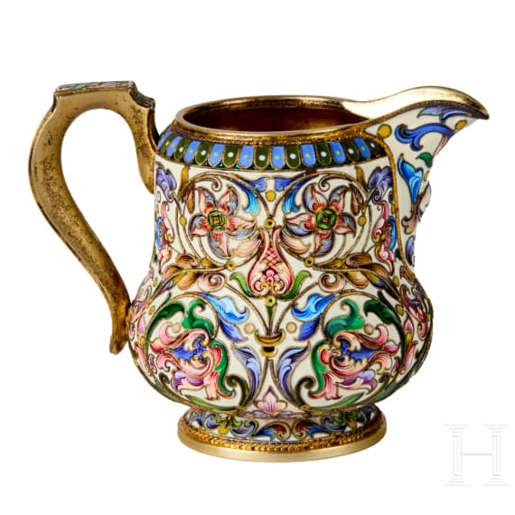 Bedeutendes siebenteiliges Cloisonn&eacute;-Email-Teeservice, Russland, Moskau, Pawel Owtschinnikow, 1896-1908